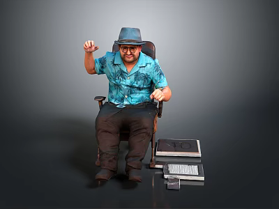 Man Sitting On Chair With Blue Floral Shirt Gray Hat And Electronic Devices 3d model