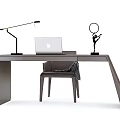 Modern Gray Desk With Laptop Table Lamp Decorative Sculpture And Chair