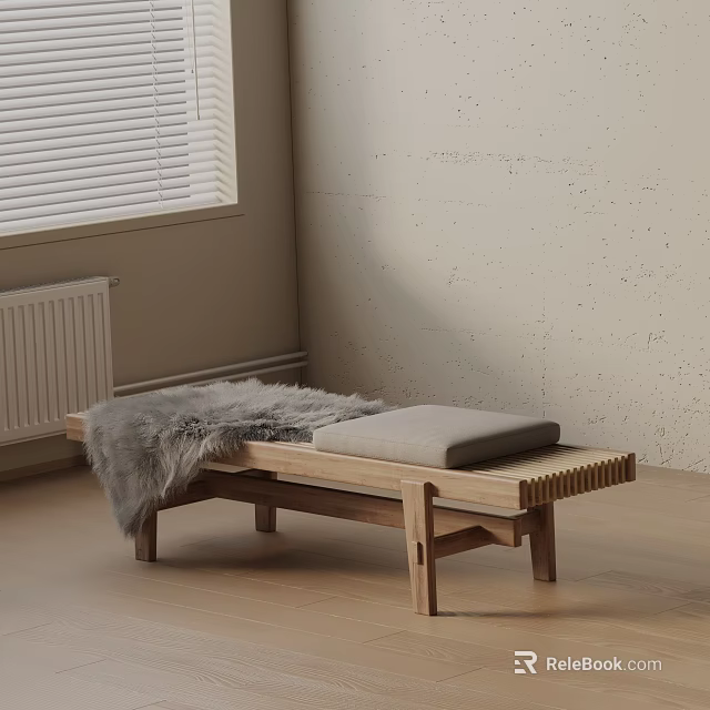 Minimalist Wooden Sofa Bench With Grey Cushion Fur Throw And Light Wall 3d model 
