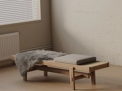 Minimalist Wooden Sofa Bench With Grey Cushion Fur Throw And Light Wall 3d model