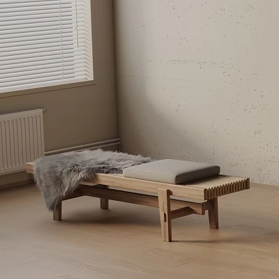 Minimalist Wooden Sofa Bench With Grey Cushion Fur Throw And Light Wall 3d model