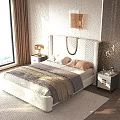 Modern Bedroom Interior With White Geometric Headboard Floor-to-Ceiling Window Wooden Wall Nightstand And Table Lamp