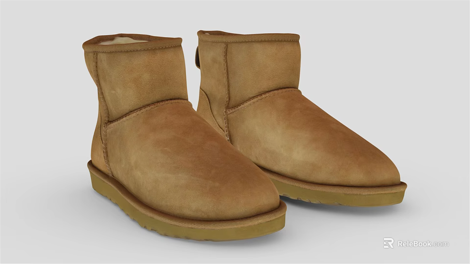 Brown Short Suede Boots With Fleece Lined Cuff And Light Rubber Sole For Winter 3d model 