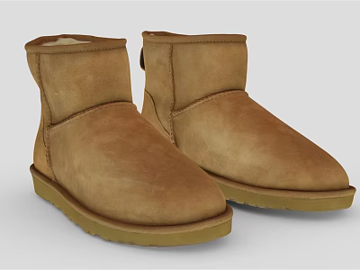 Brown Short Suede Boots With Fleece Lined Cuff And Light Rubber Sole For Winter 3d model
