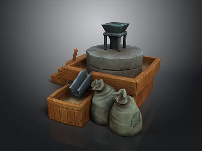 Traditional Stone Mill Setup With Wooden Frame Burlap Sacks And Mortar On Stand 3d model