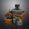 Traditional Stone Mill Setup With Wooden Frame Burlap Sacks And Mortar On Stand