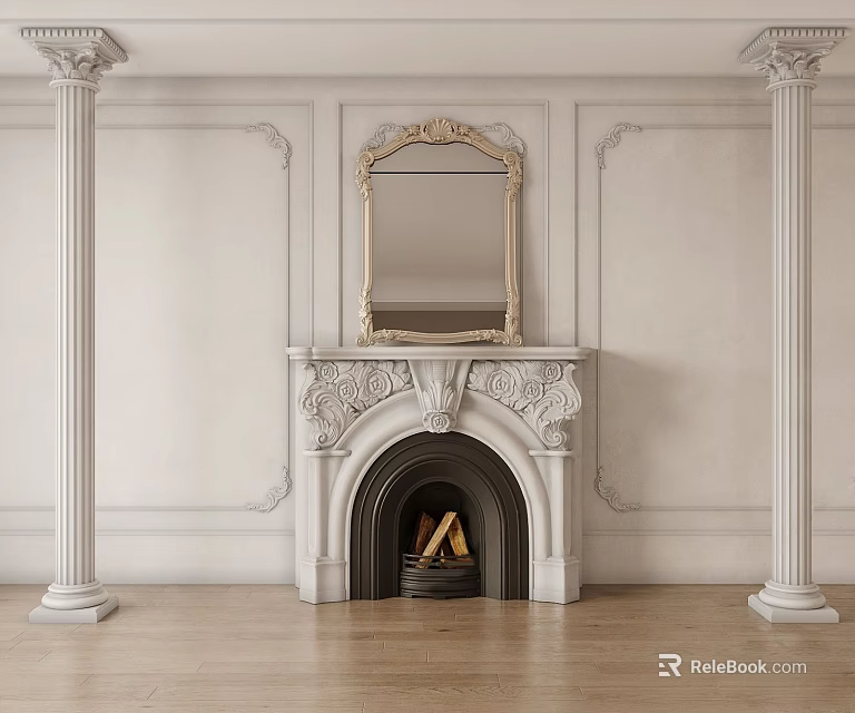 Classic Fireplace with Ornate Decorative Mirror Carved Mantel Wood Logs on White Wall and Columns 3d model 