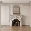 Classic Fireplace with Ornate Decorative Mirror Carved Mantel Wood Logs on White Wall and Columns