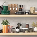 Neatly Arranged Kitchen Utensils On Wooden Shelves With Pots Dishes Mugs And Spices