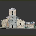 Miniature Building Model Scene with Tower Red Roof Tiles Blue Objects and Green Grass