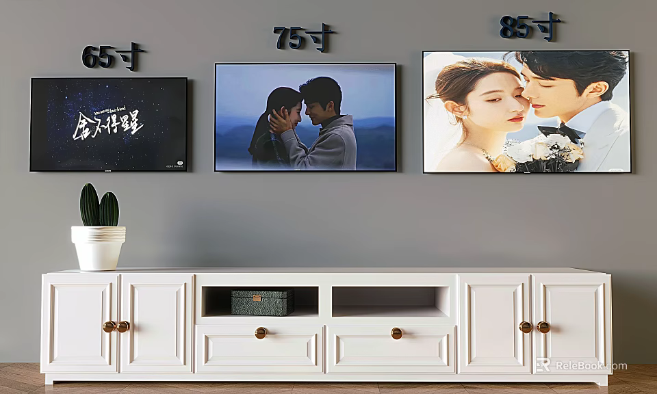 Different Size Wall Mounted TVs 65 Inch 75 Inch 85 Inch With White TV Stand Setup 3d model 