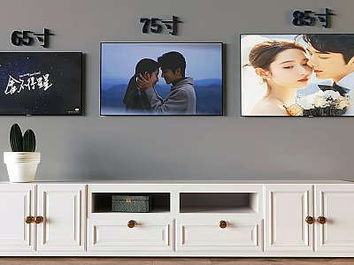 Different Size Wall Mounted TVs 65 Inch 75 Inch 85 Inch With White TV Stand Setup 3d model