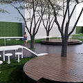 Outdoor Landscape Seats with Circular Wooden Platforms Trees and Green Lawn Design