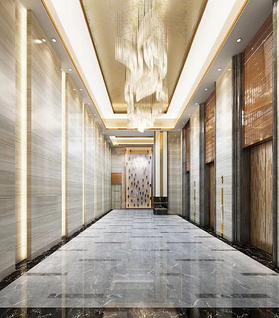 Luxurious Modern Elevator Lobby Interior With Marble Walls And Crystal Chandelier 3d model