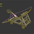 Vintage Wooden Catapult Model With Wheels And Basket As Decorative Household Item