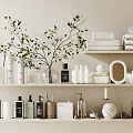 Stylish Washing Daily Products Display On Shelves With Towels Bottles And Greenery
