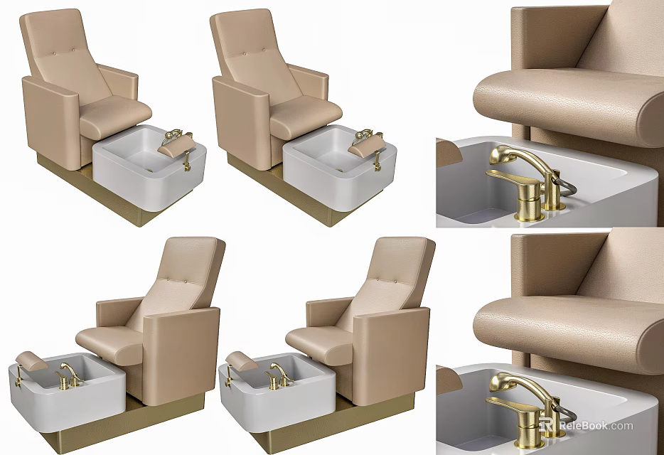 Modern Beige Leather Pedicure Chairs With Foot Basins And Gold Faucets 3d model 
