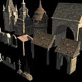Medieval Architectural Components Featuring Towers Arches Roofs Fences And Stone Structures 3d model