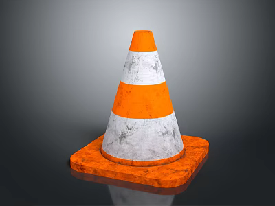 Orange And White Striped Traffic Cone With Orange Square Base On Gray Surface 3d model