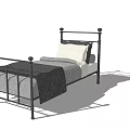 Single Bed Black Metal Frame Railed Design with Light Colored Sheets Gray Blanket White Pillows