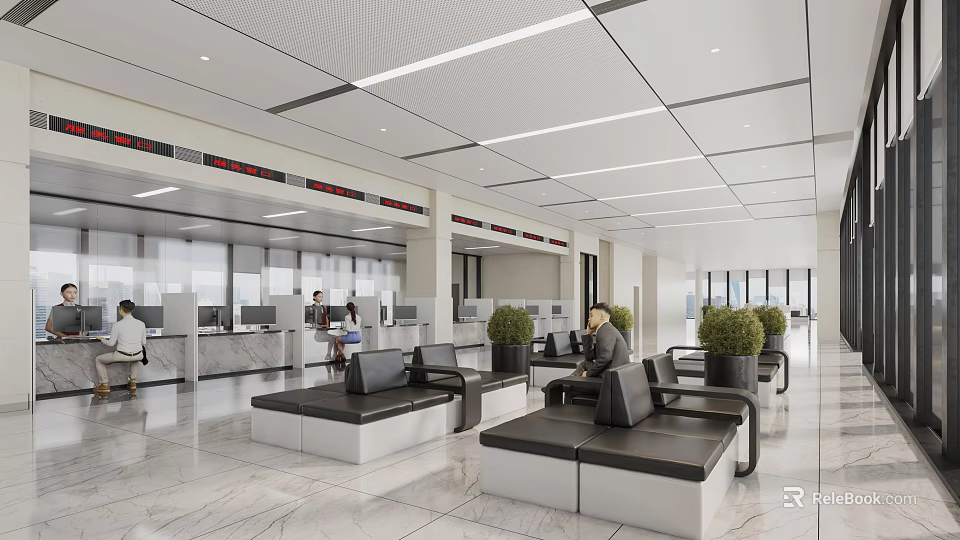 Modern Service Hall Interior With Waiting Area Sofas And Green Plants 3d model