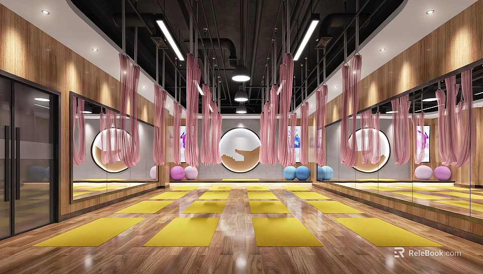 Fitness Studio With Yellow Yoga Mats Large Mirrors Pink Suspension Ropes And Colorful Balls 3d model 