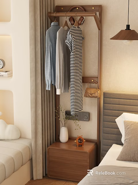 Cozy Bedroom Bedside Table With Hanging Clothes Leather Handbag Vase And Small Alarm Clock 3d model 