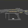 Futuristic Sci Fi Weapon With Detailed Gray And Yellow Design Barrel Grip And Display Stand