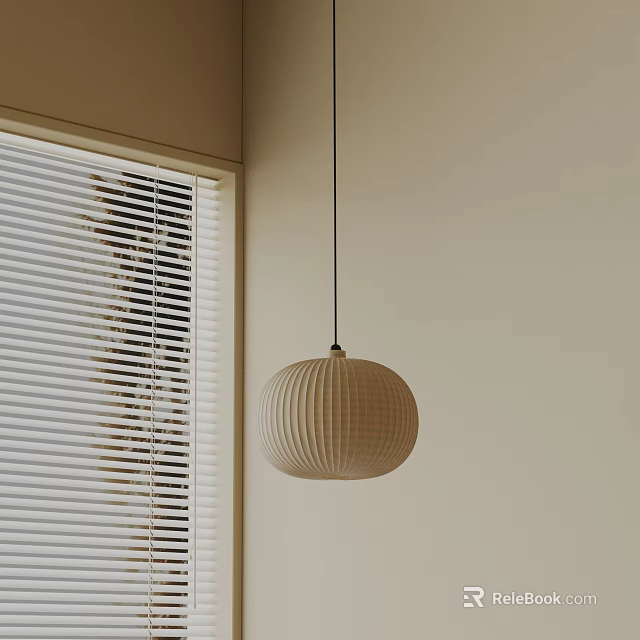 Textured Beige Round Pendant Light With Window Blinds And Natural Light In Neutral Interior 3d model 