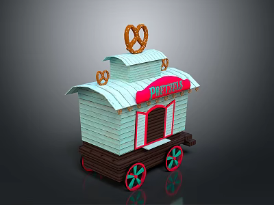 Blue And White Pretzel Cart With Decorative Pretzels On Top And Wheels 3d model