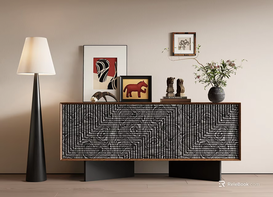 Stylish Console Table with Black White Geometric Pattern and Floor Lamp Decor Items Potted Plant 3d model