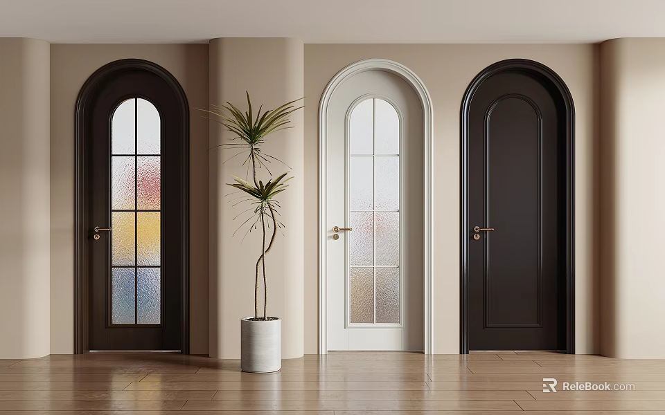 Elegant Arched Hinged Doors In Dark And White With Glass Panels And Potted Plant Indoor 3d model 