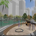 Urban Park Landscape With Colorful Children's Playground Striped Pavement And Trees Against Modern Buildings Background