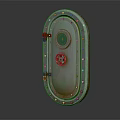 Oval Metal Hatch With Rivets Green Porthole And Red Knob On Watercraft