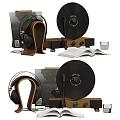 Decorative Ornament Set with Vinyl Record Player Headphone Stand Open Book and Glass Cup