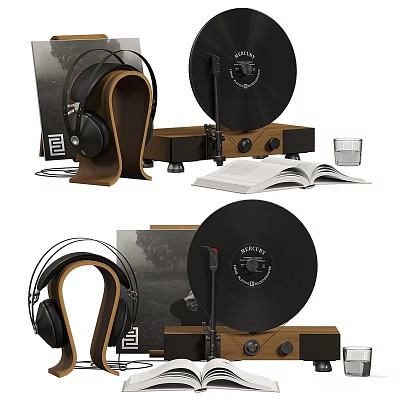 Decorative Ornament Set with Vinyl Record Player Headphone Stand Open Book and Glass Cup 3d model