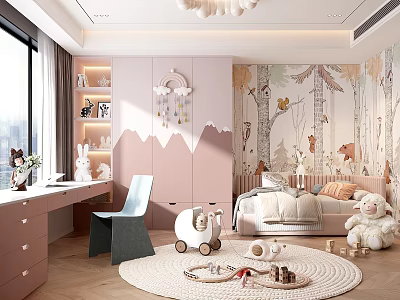 Cozy Kids Room Interior With Forest Animal Wallpaper Bed Stuffed Toys And Rug 3d model