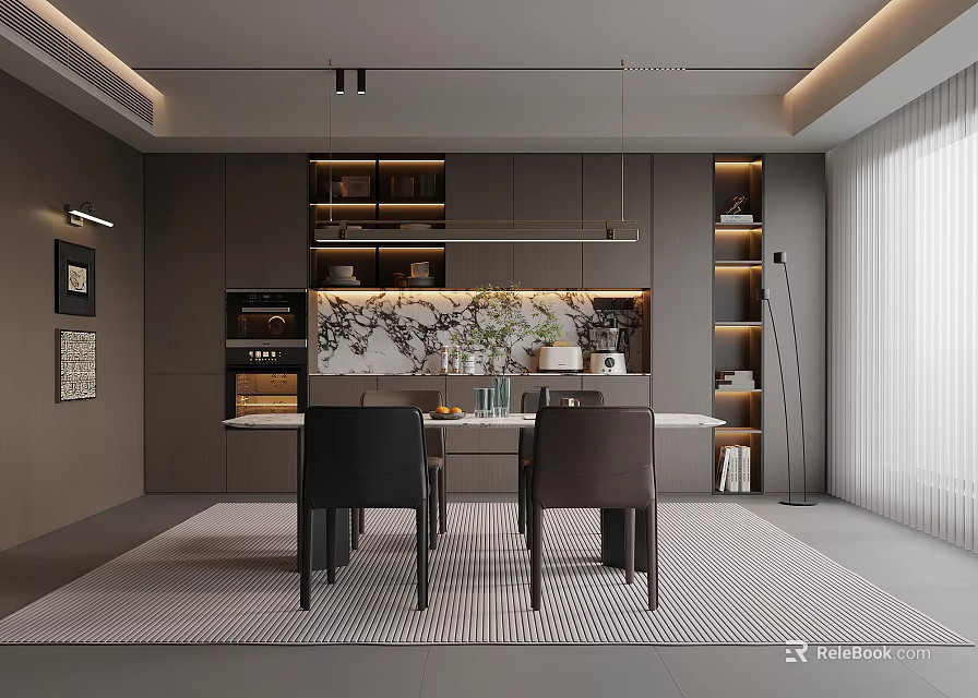 Modern Restaurant Interior With Dining Table Chairs Decorative Paintings Pendant Lights And Gray Cabinets 3d model 