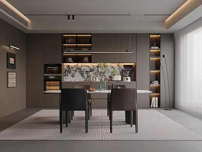 Modern Restaurant Interior With Dining Table Chairs Decorative Paintings Pendant Lights And Gray Cabinets 3d model