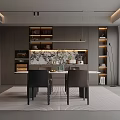 Modern Restaurant Interior With Dining Table Chairs Decorative Paintings Pendant Lights And Gray Cabinets