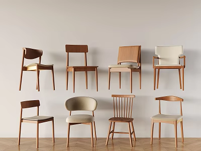 Eight Dining Chairs With Various Designs Against Light Colored Walls And Wooden Floor 3d model