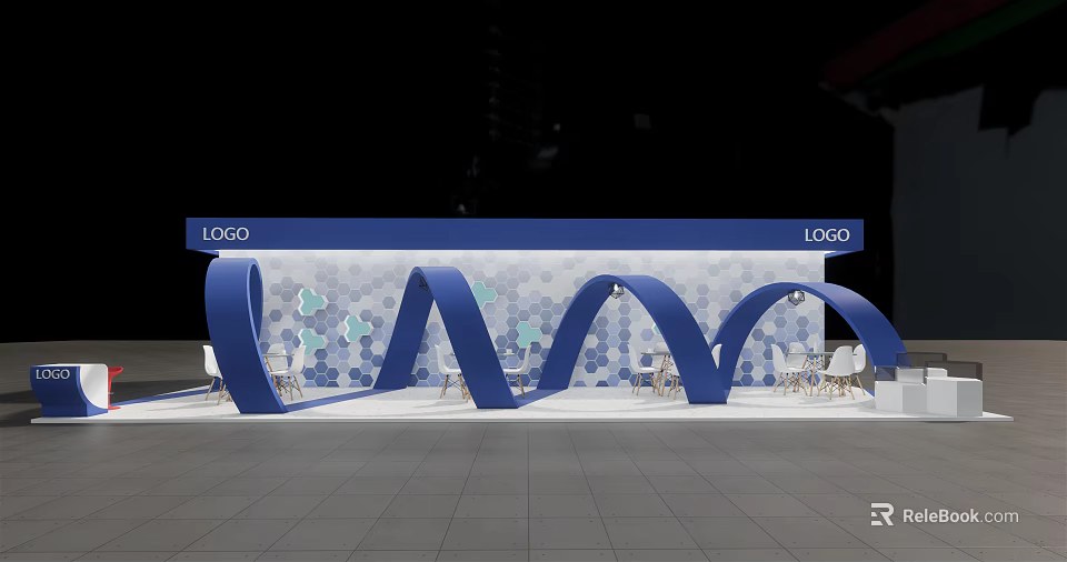 Modern Exhibition Booth Design With Blue Curved Structures Logo Decorative Patterns And Chairs 3d model
