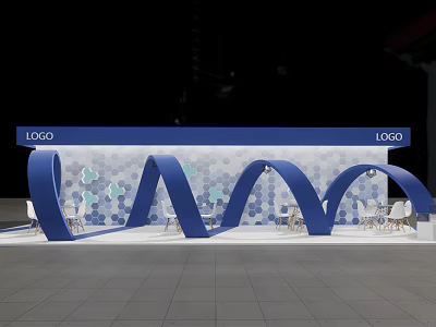Modern Exhibition Booth Design With Blue Curved Structures Logo Decorative Patterns And Chairs 3d model