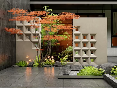 Modern Landscape Wall With Geometric Cutouts Red Maple Tree Greenery Stones Lighting And Gray Slate 3d model