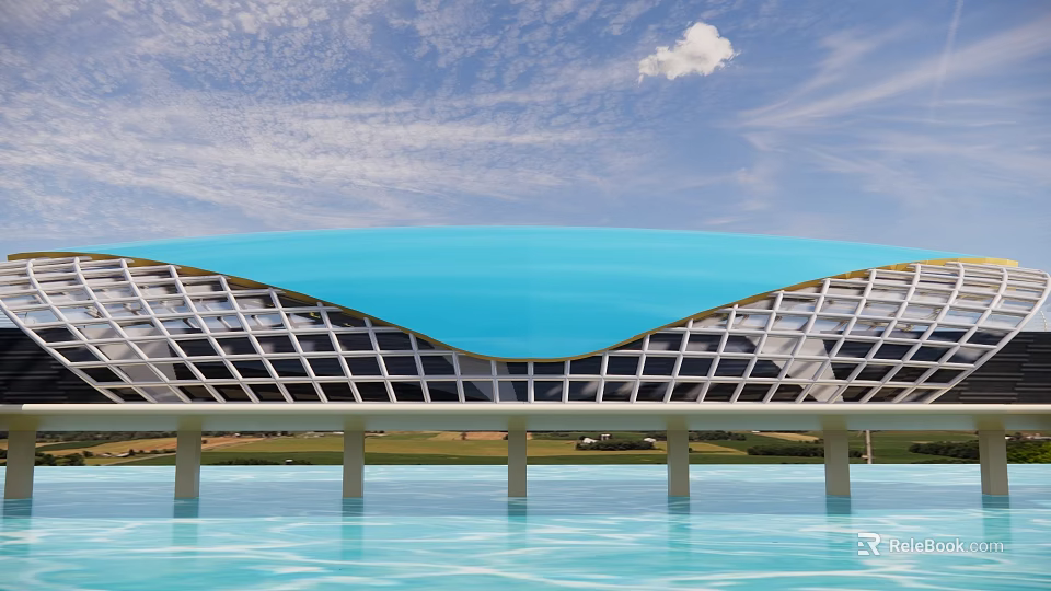 Modern Bridge With Blue Curved Roof And Grid Structure Over Water Green Grass Sky 3d model 