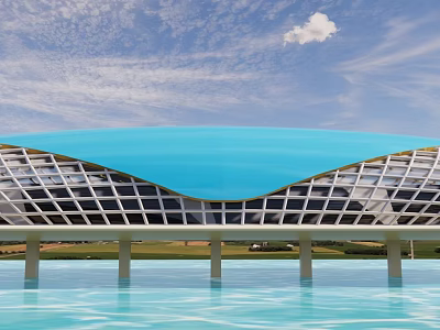 Modern Bridge With Blue Curved Roof And Grid Structure Over Water Green Grass Sky 3d model
