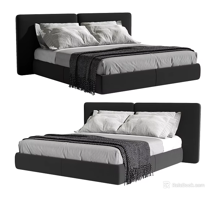 Modern Double Bed Interior With Black Headboard White Pillows And Gray Throw Blanket 3d model
