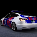 White Police Car With Blue Red Stripes Emergency Lights And Badge