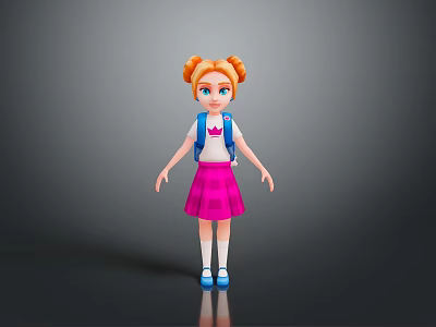 Cute Little Girl with Blonde Pigtails Blue Eyes White T-shirt Pink Skirt White Socks and Blue Backpack 3d model