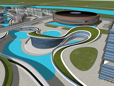 Modern Urban Architectural Design With Circular Building Curved Paths Blue Water And Green Spaces 3d model